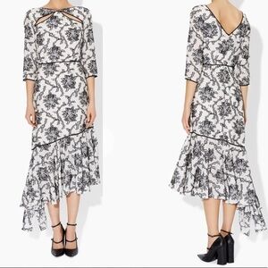 ERDEM Carey Asymmetrical Floral Dress B&W Size 12
